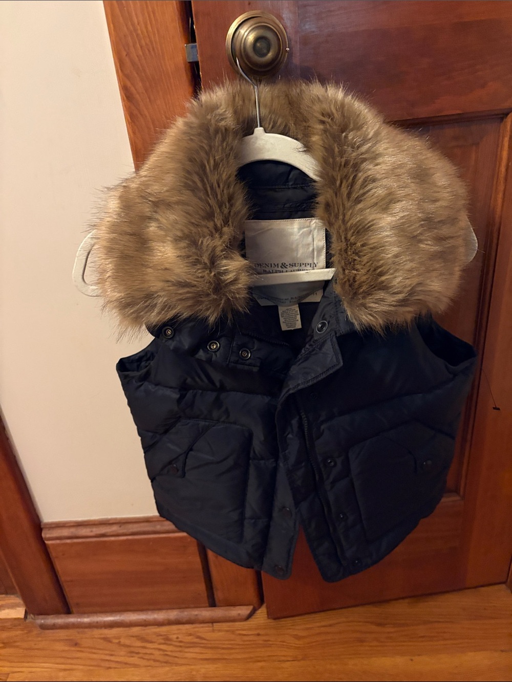 Denim & Supply Ralph Lauren Black Puffer Vest with Brown Faux Fur Trim